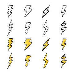 Lightning bolts hand drawn, Cartoon lightning doodle set, Thunder bolts black line and color. Vector illustration. EPS10