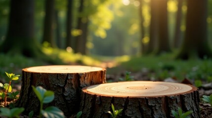 Golden Hour Sunlight Illuminates Two Tree Stumps in a Lush Forest Setting