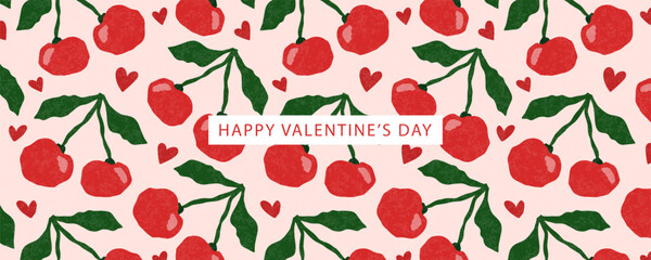 Happy valentines day banner with cherry and hearts. Trendy modern design with grainy texture. Vector illustration , template of web banner, poster, promotional materials, cover artwork