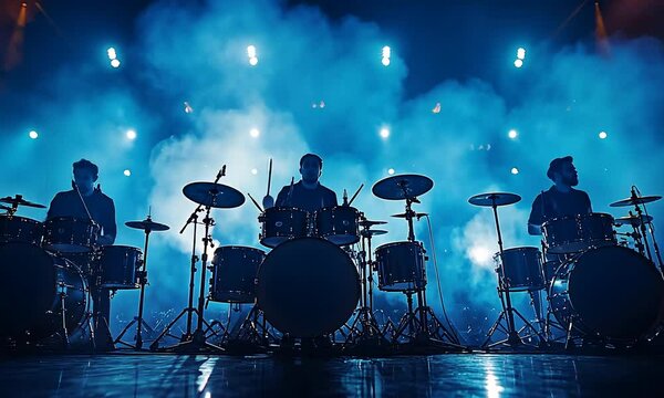 Powerful Drum Solo: Three Drummers Rock the Stage in a Blue-Lit Concert