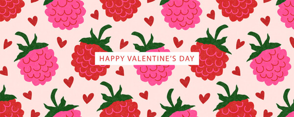 Happy valentines day banner with raspberry and hearts. Trendy modern design with grainy texture. Vector illustration , template of web banner, poster, promotional materials, cover artwork