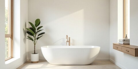 Fototapeta premium Modern minimalist bathroom design featuring a freestanding bathtub and natural elements