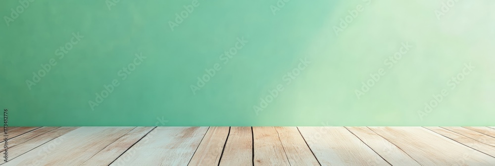 Aufkleber Empty wooden table and green wall background creating a versatile backdrop for product placement, presentations, or advertising campaigns, offering a clean and modern aesthetic