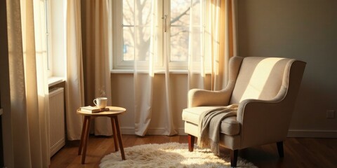 Sunlight streams through sheer curtains illuminating a cozy armchair and side table with a warm beverage
