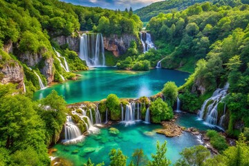 Fototapeta premium Plitvice Lakes National Park: Stunning Blue River & Lush Green Landscape, Croatia
