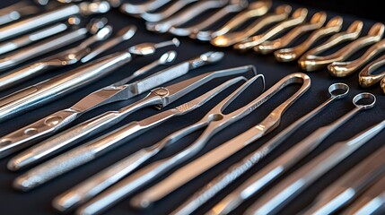 Surgical instruments used during complex surgeries displayed close-up Stock Photo with side copy space