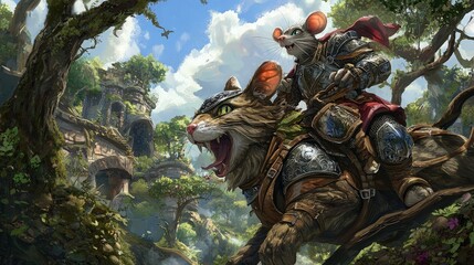 Fototapeta premium Mouse knight rides armored cat, ancient ruins background, fantasy adventure illustration.
