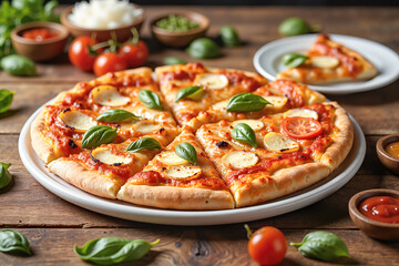 Delicious pizza served with fresh toppings on rustic wooden table, culinary delight. Greeting card, banner or holiday poster for Pizza Day promotion