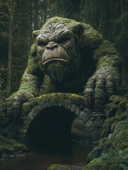 Moss-covered Nordic Troll Emerging From Beneath an Ancient Stone Bridge in a Dense Forest at Twilight