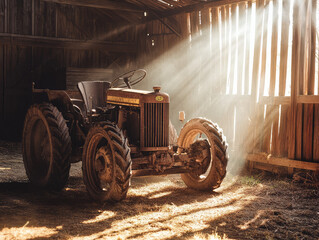 Rustic Farm Tractor Illuminated by Sunlight Beams in an Old Barn Setting