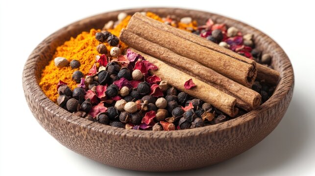Wooden bowl filled with colorful spices, including turmeric powder, cinnamon sticks, peppercorns, and rose petals.