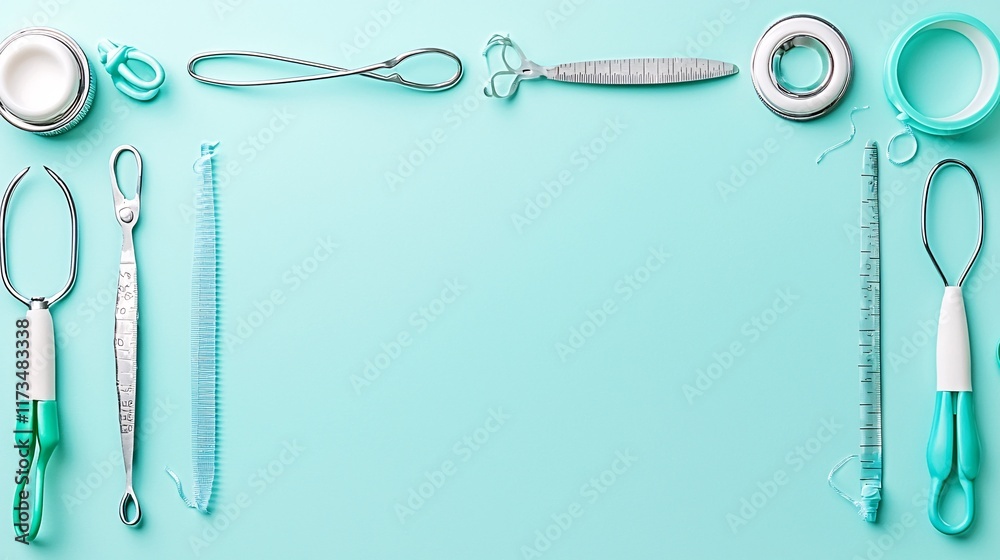 Poster surgical instruments inspected by staff to ensure sterility and function stock photo with side copy 