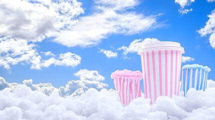 Pink and blue striped cups in clouds, summer sky background.  Perfect for sweet treats, summer drinks, or whimsical designs.