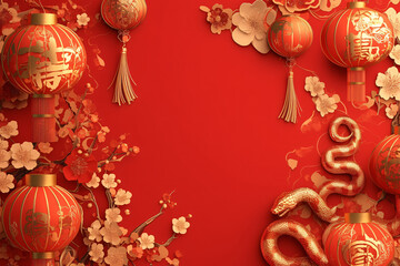 An elegant Chinese New Year template featuring a red background, golden frame, decorative lantern, floral snake accents, and ornaments, with an empty center for copyspace design