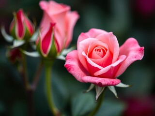 Vibrant red rose petals in sharp focus surrounded by soft green leaves, romantic, red rose