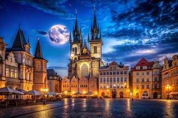 Fototapeta premium Prague Night Photography: Tyn Church Moonlit Cityscape