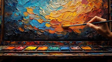 Close-up of artist's hand painting vibrant, textured oil artwork on canvas with paintbrush.  Palette with various colors visible.