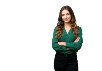 A confident young woman with wavy brown hair in a green blouse and black pants, standing with arms crossed and smiling softly isolated on transparent background