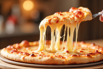 Cheesy pizza slice stretching from main pie, delightful indulgence. Greeting card, banner or holiday poster for Pizza Day promotion