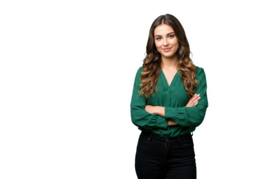 A confident young woman with wavy brown hair in a green blouse and black pants, standing with arms crossed and smiling softly isolated on transparent background