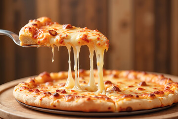 Melted cheese pulling from delicious pizza on wooden table, indulgence. Greeting card, banner or holiday poster for Pizza Day promotion
