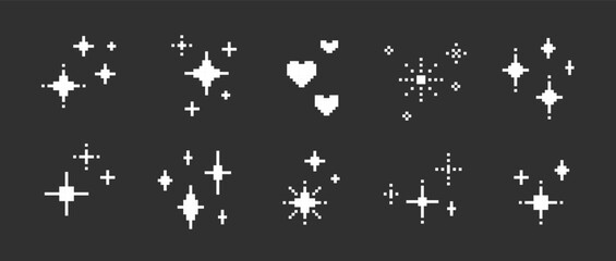 Set of pixel sparkling white stars and hearts on black background. Shiny stars, 8bit shapes for Y2K design, retro shapes. Vector illustration
