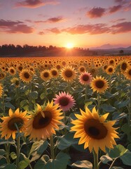 Fototapeta premium Soft pinks and oranges dance across the horizon as a breathtaking sunset sets behind a field of tall, healthy-looking sunflowers, colorful sky, beautiful sunset, sunflower field