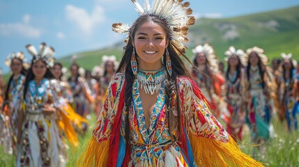 Fototapeta premium Wide shot of dance performance at cultural convention, traditional costumes