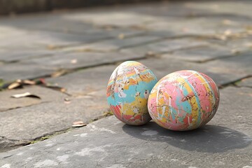 Two colorful, decorative eggs resting on a stone surface, suggesting a festive atmosphere.