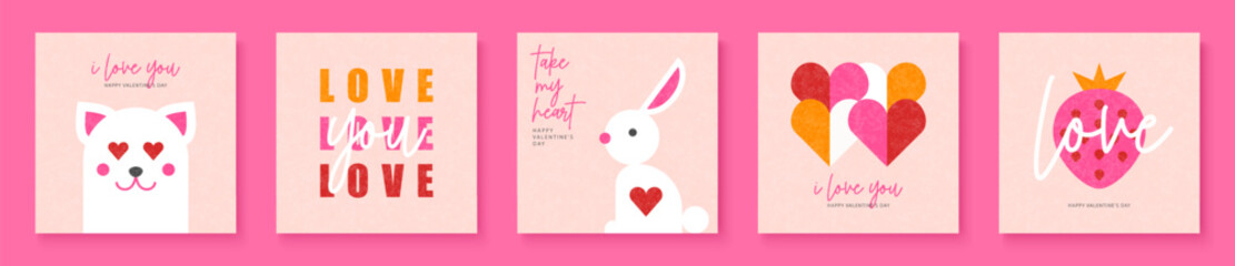 Set of greeting cards for Valentines Day. Simple flat style with geometric elements. Collection of vector cards with bunny, cat, hearts, strawberries and romantic inscriptions.