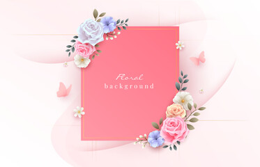 Modern floral greeting or invitation card design for valentines, mothers day, wedding, and women day celebration. Vector template illustration.