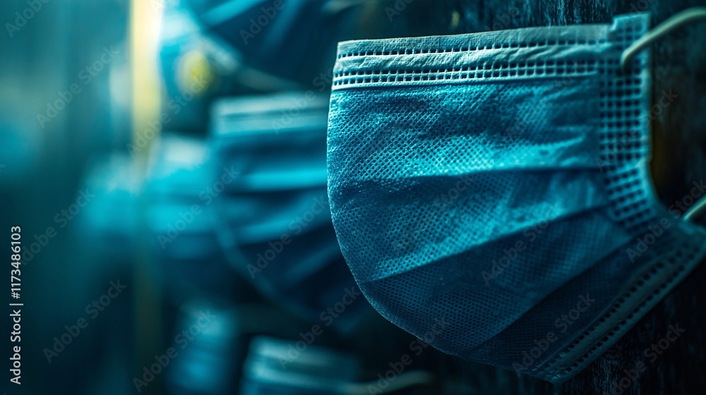 Poster Surgical masks lined up in a dispenser for quick accessibility Stock Photo with side copy space