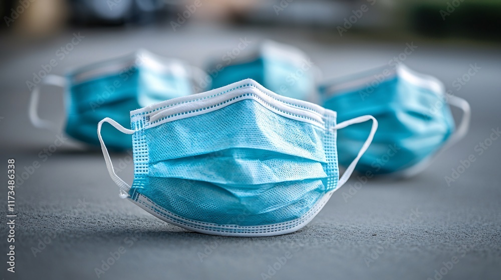 Poster surgical masks worn by a team of doctors in a clinical setting stock photo with side copy space