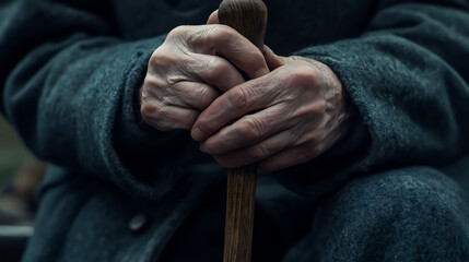 Close up hands of an elderly man resting on a wooden walking cane