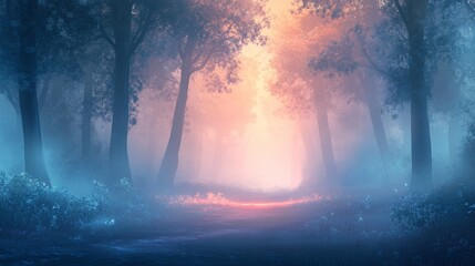 Fototapeta premium A serene forest scene at dawn with mystical light and mist, creating an enchanting and tranquil atmosphere.