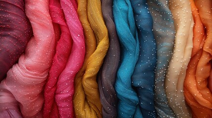 Close-up of textile display, fabric samples, color swatches