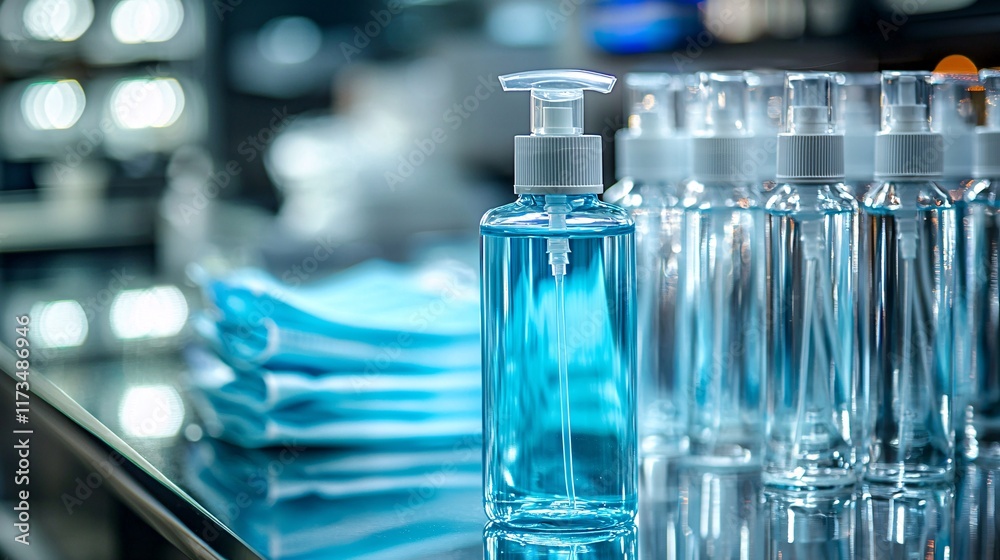Poster surgical masks and sanitizer placed together on a hospital counter stock photo with side copy space