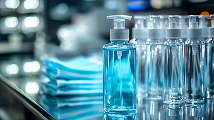 Surgical masks and sanitizer placed together on a hospital counter Stock Photo with side copy space