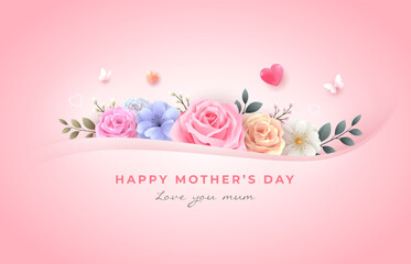 Simple mother’s day design with flowers, love hearts and butterflies with wavy pink color background. Design template for valentines, wedding and women day concept.