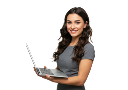A confident woman with wavy dark brown hair, wearing a gray dress, holding a laptop and smiling warmly isolated on transparent background