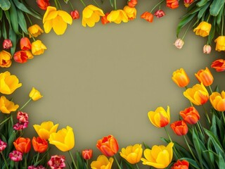 Fototapeta premium Yellow and red tulips create a frame around empty space in the middle against an orange background, frame, nature, background
