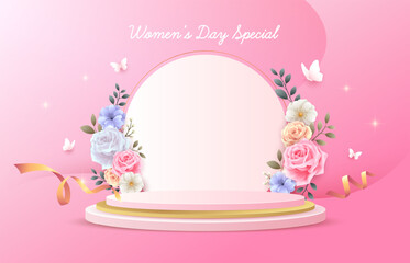 Women’s day podium design with rose flowers, ribbons, butterflies in wave pink background. Design template for valentines, mothers day, wedding, and women day concept.