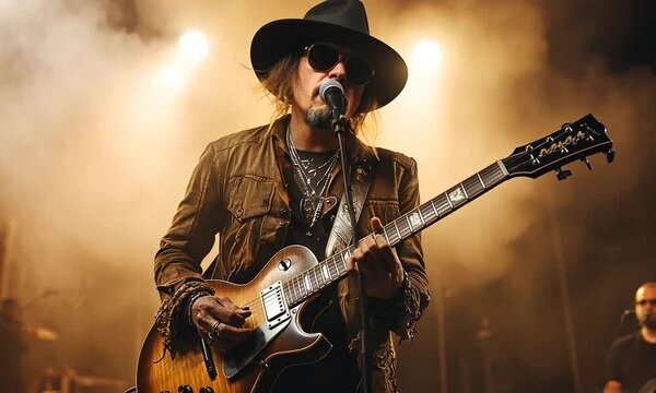 Rock Star Guitarist Performs on Stage: Energetic Live Music Concert