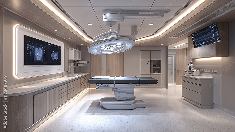 Poster Minimally invasive surgery in a modern operating room with advanced tools and a focused surgical team Stock Photo with side copy space