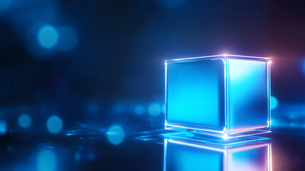 A glowing blue cube on a reflective surface, showcasing modern digital aesthetics and technology in a futuristic setting.