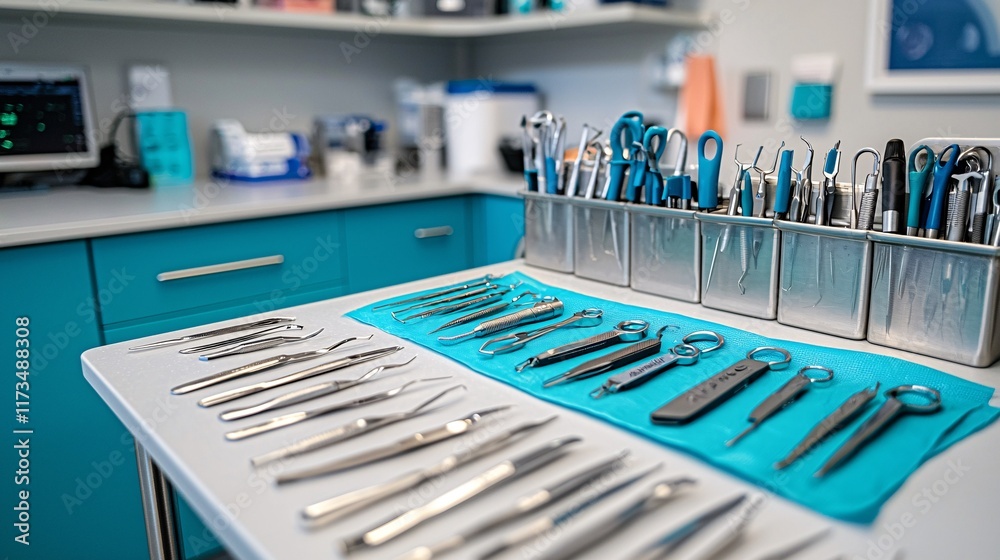 Poster minimally invasive surgical tools organized neatly on a sterile table in an operating room stock pho