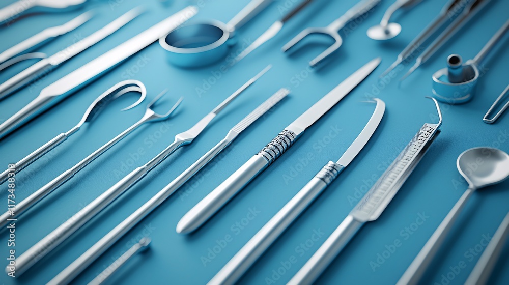 Poster Minimally invasive surgical tools organized neatly on a sterile table in an operating room Stock Photo with side copy space