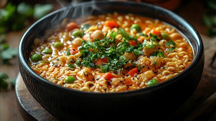 Steaming bowl of vegetable noodle soup with chickpeas, carrots, and peas, garnished with fresh parsley.