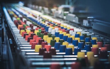production line in an industrial facility, Colorful capsules moving on a conveyor belt in a factory.
