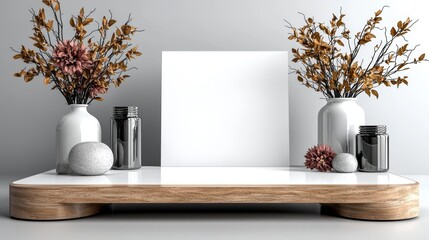 Elegant White Table Display Featuring Stylish Vases and Simple White Sign Creating a Minimalist and Chic Atmosphere